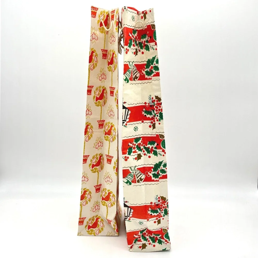 Vintage Christmas Gift Bags Set of 2 Tall Red Holly Lantern Bird‎ Potted Plant